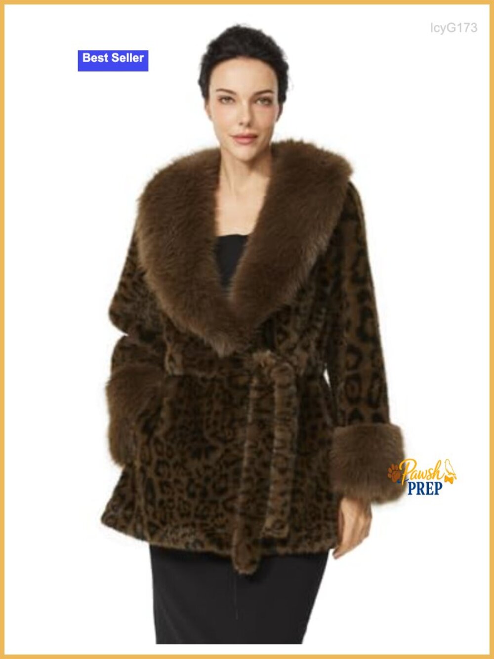 Faux Fur Leopard Print Belted Winter Coat with Collar & Cuffs